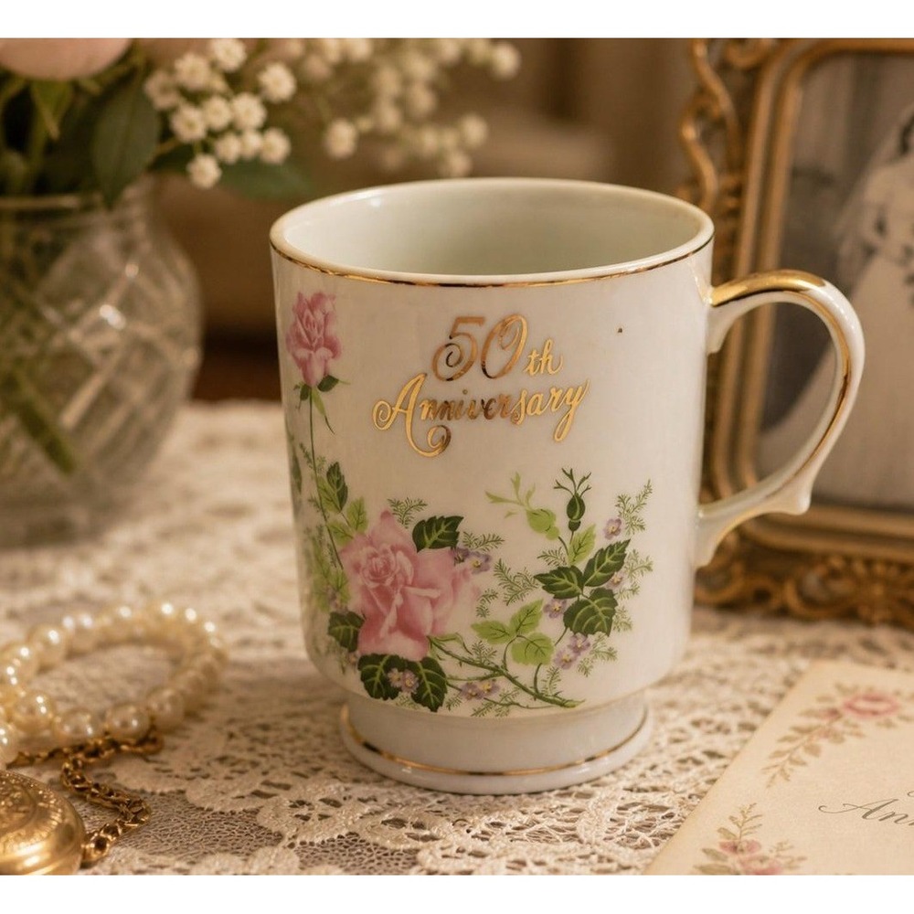 Norcrest 50th Anniversary Mug Vintage Pink Rose Gold Gilt Fine China Japan White
